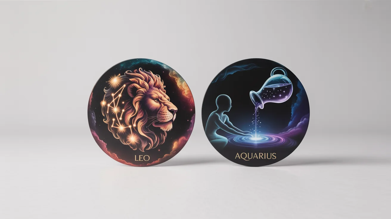 A mockup of two circular zodiac designs on a white background. The left design is for Leo, showing a golden lion's head made of stars. The right design is for Aquarius, showing a figure pouring cosmic water.