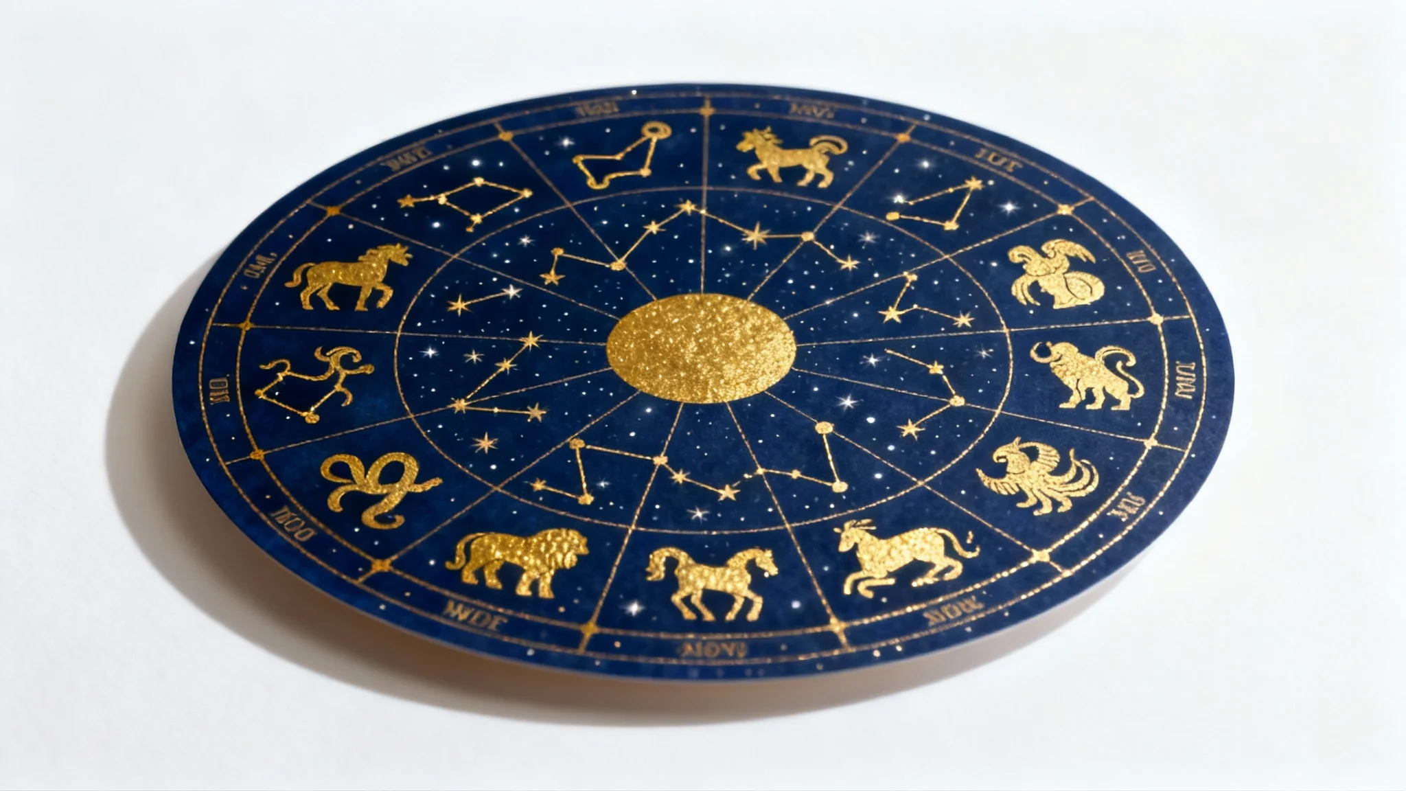 An elegant, circular zodiac wheel design in shimmering gold on a deep navy blue background, presented as an art print against a clean white backdrop.