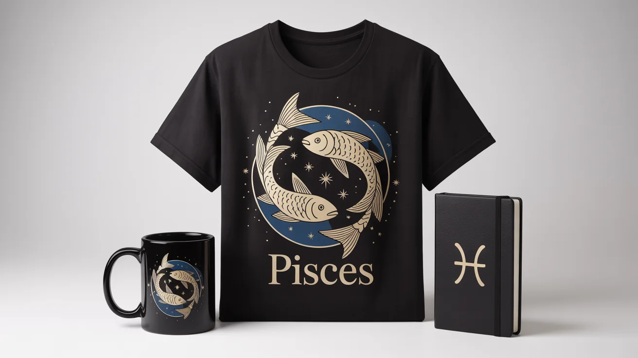 A mockup of several products with a Pisces zodiac design, including a t-shirt, a mug, and a journal, all featuring a gold foil fish design on a dark background, displayed against a white surface.