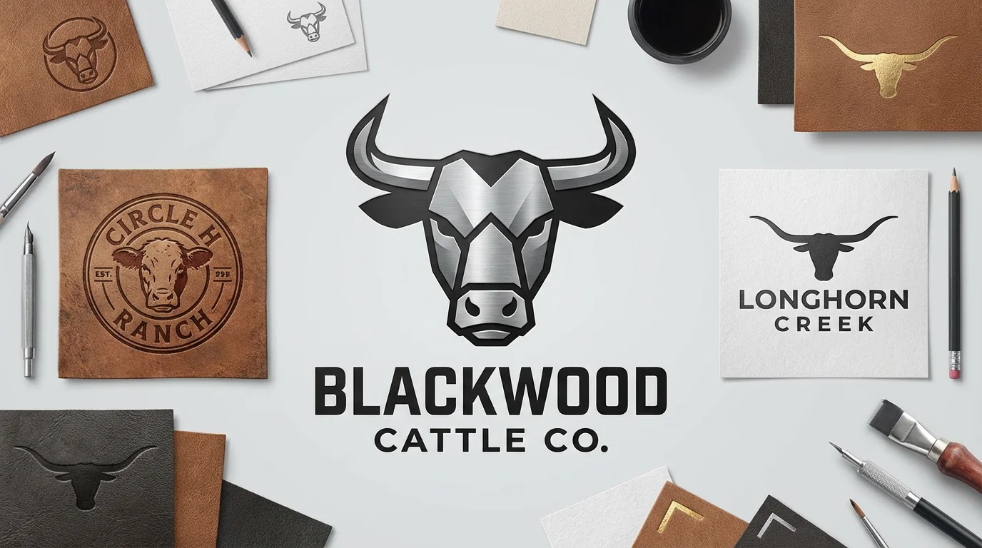 A collection of three professionally designed cattle logos displayed on a light background. The central logo is for 'Blackwood Cattle Co.' and features a modern, geometric bull.