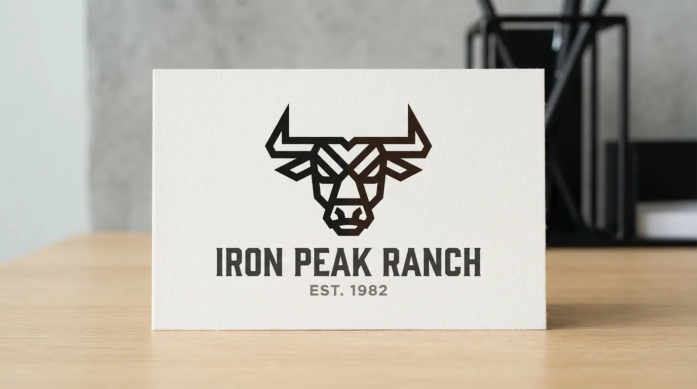 A modern, minimalist logo for a cattle company named 'Iron Peak Ranch'. The logo features a geometric black and brown bull's head above the brand name, all on a clean white background.