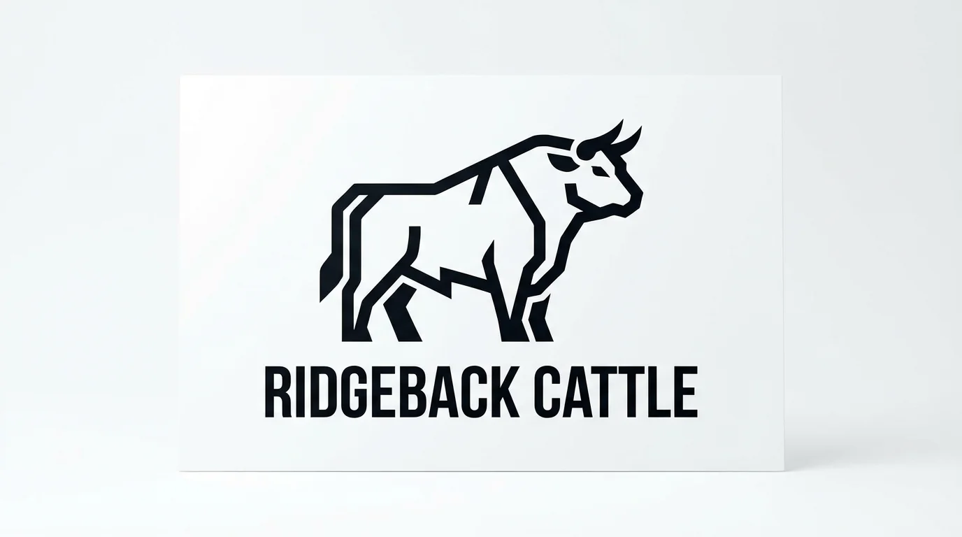 A modern black and white logo for a cattle company. It features a stylized silhouette of a bull and the text 'RIDGEBACK CATTLE' on a plain white background.