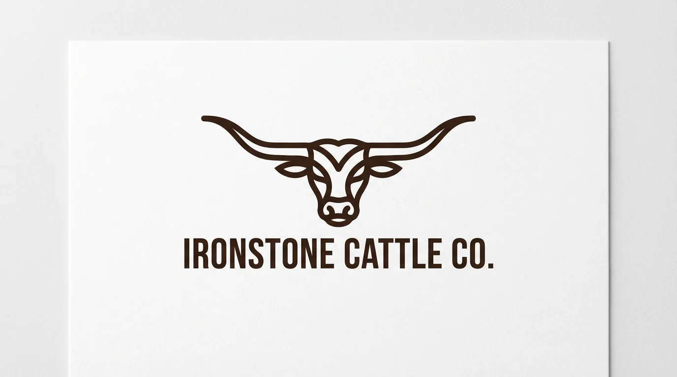 A professional and modern logo for 'Ironstone Cattle Co.' featuring a minimalist dark brown silhouette of a Texas Longhorn bull, presented on a clean white background.
