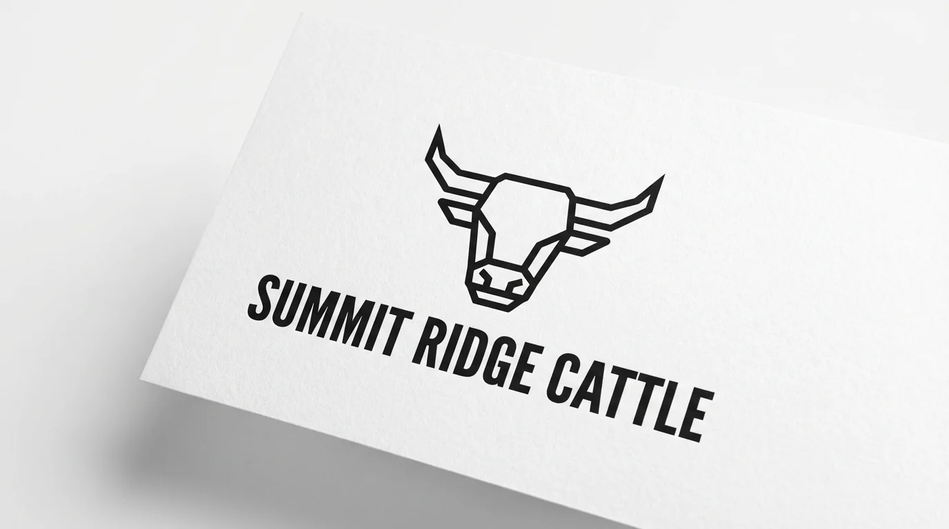 A modern, minimalist logo for a cattle company named 'Summit Ridge Cattle'. The logo features a geometric black bull's head icon above the company name, all presented on a clean white background.