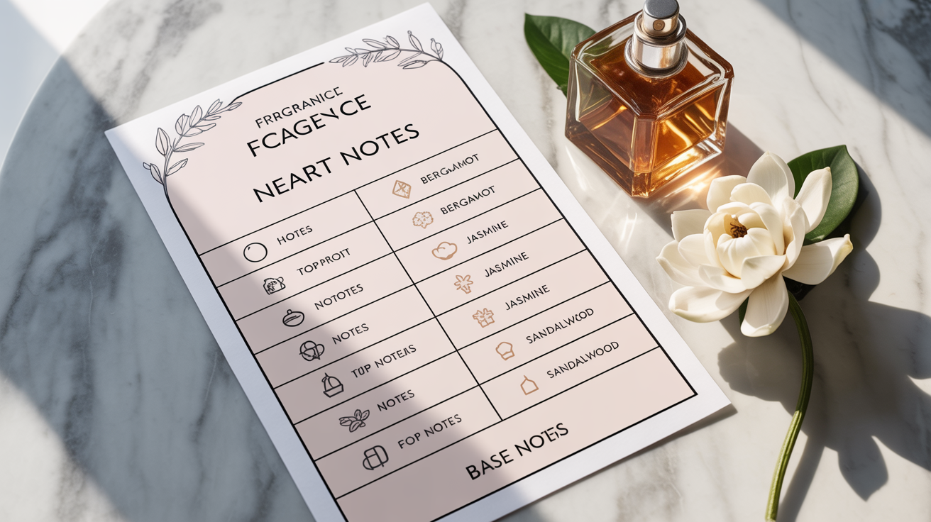 An elegant fragrance notes chart laid on a white marble surface, detailing top, heart, and base notes with text and icons. A minimalist perfume bottle and a white flower are placed beside it.