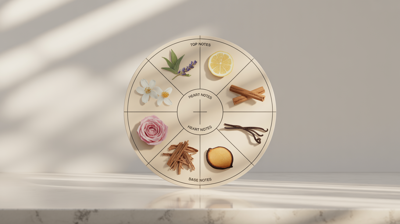 An elegant, circular fragrance notes chart mockup on a white background, visually explaining the top, heart, and base notes of a perfume with minimalist illustrations of ingredients like bergamot, rose, and sandalwood.