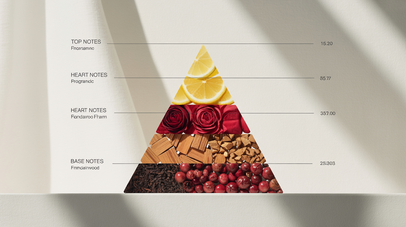 An elegant fragrance pyramid chart displaying scent categories. Top notes show citrus and mint, heart notes show rose and jasmine, and base notes show sandalwood and amber, all on a clean white background.