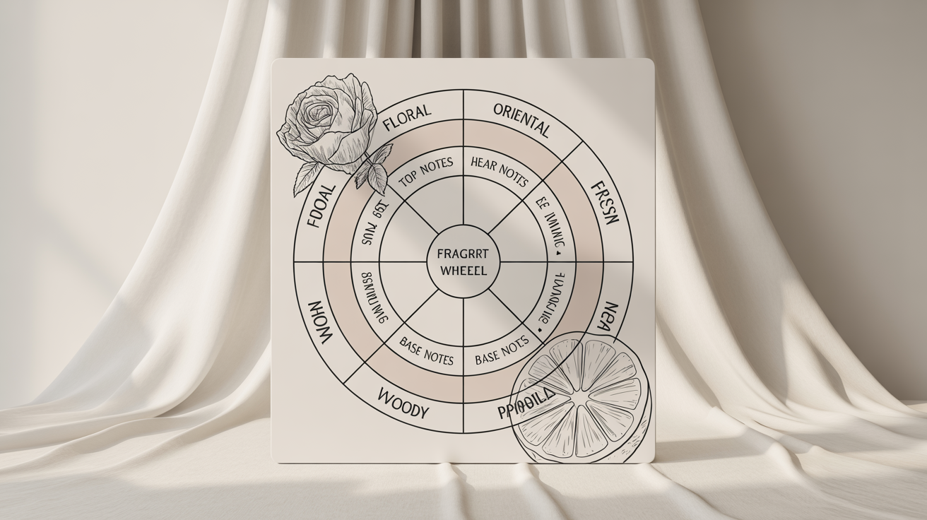 An elegant circular chart of fragrance notes displayed on a white background, categorizing scents into families like 'Floral' and 'Woody' and levels such as 'Top', 'Heart', and 'Base' notes.