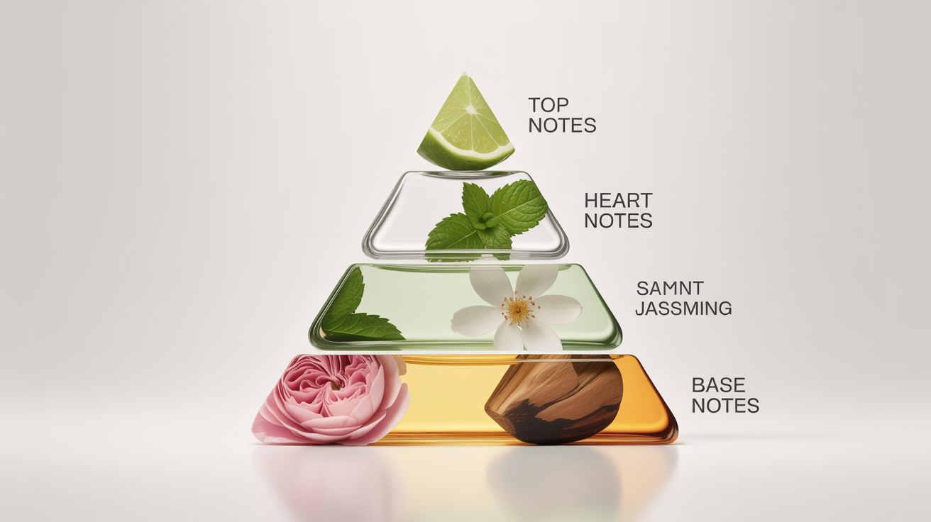 A stylized fragrance notes chart depicted as a three-tiered pyramid on a white background. The top tier shows citrus and mint for top notes, the middle tier shows jasmine and rose for heart notes, and the bottom tier shows sandalwood and amber for base notes.