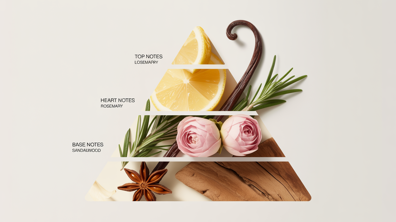 An elegant chart illustrating the three levels of fragrance notes: top notes with citrus and herbs, heart notes with florals and spice, and base notes with woods and amber, all arranged in a pyramid on a white background.