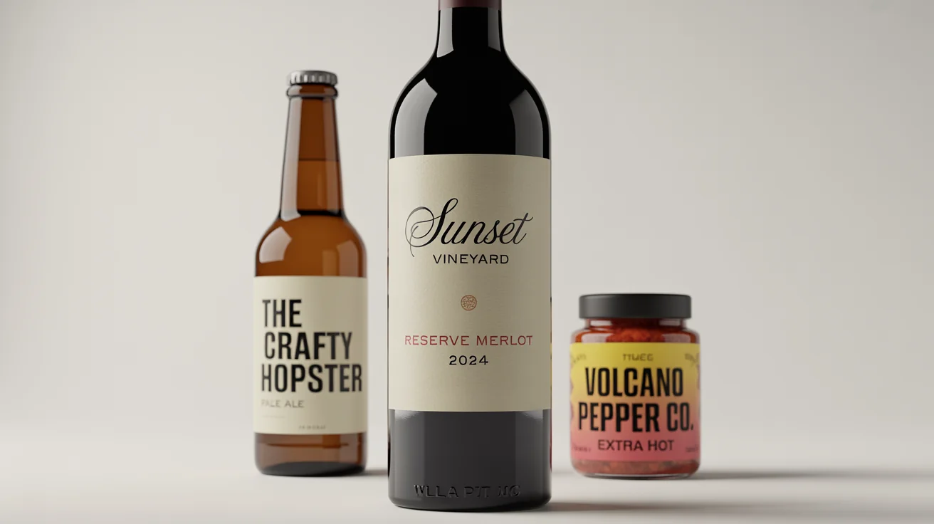 A photorealistic mockup of three bottles with custom labels on a white background: a wine bottle for 'Sunset Vineyard', a beer bottle for 'The Crafty Hopster', and a hot sauce jar for 'Volcano Pepper Co.'