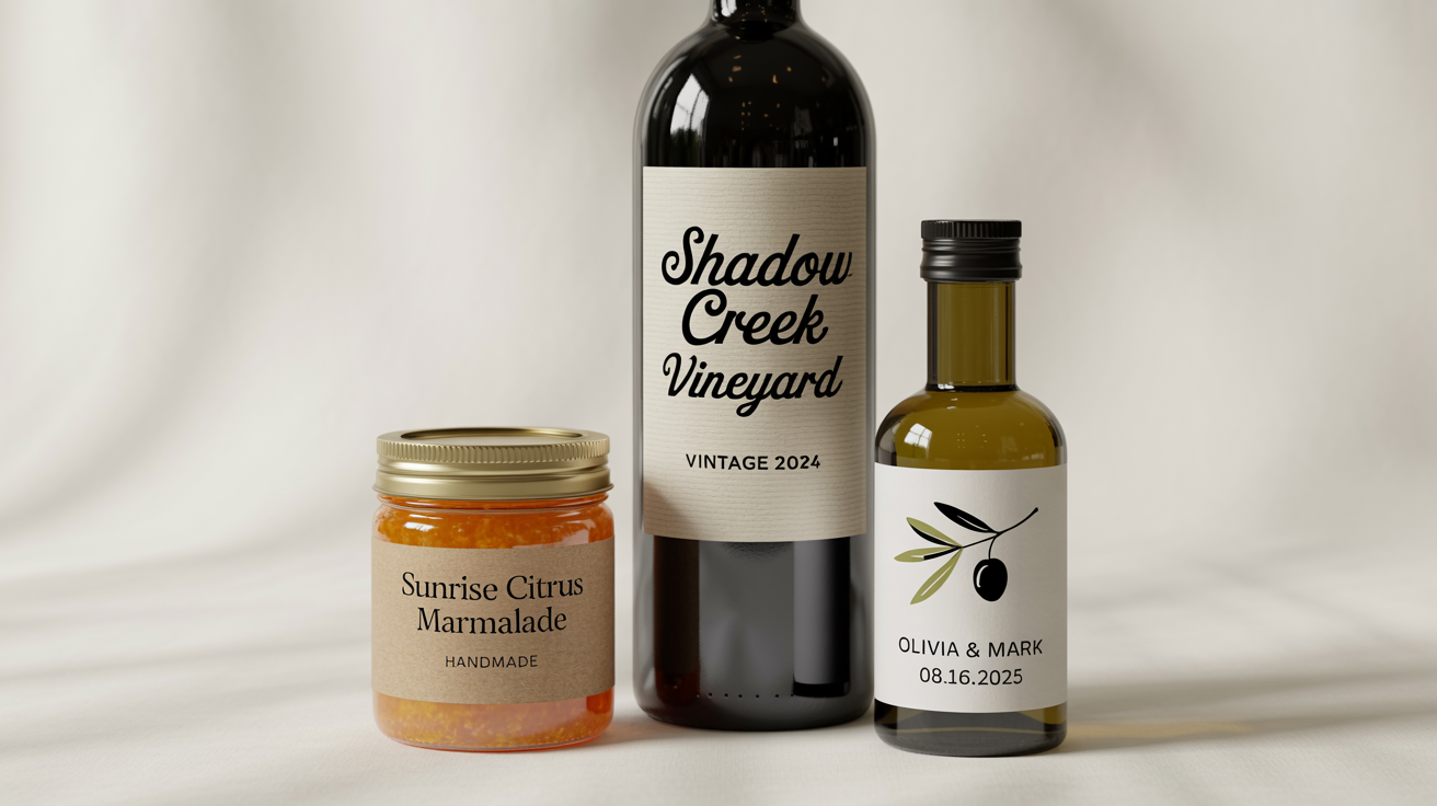 A photorealistic mockup of three products with custom labels: a wine bottle, a jar of marmalade, and a small bottle of olive oil, all set against a clean white background.