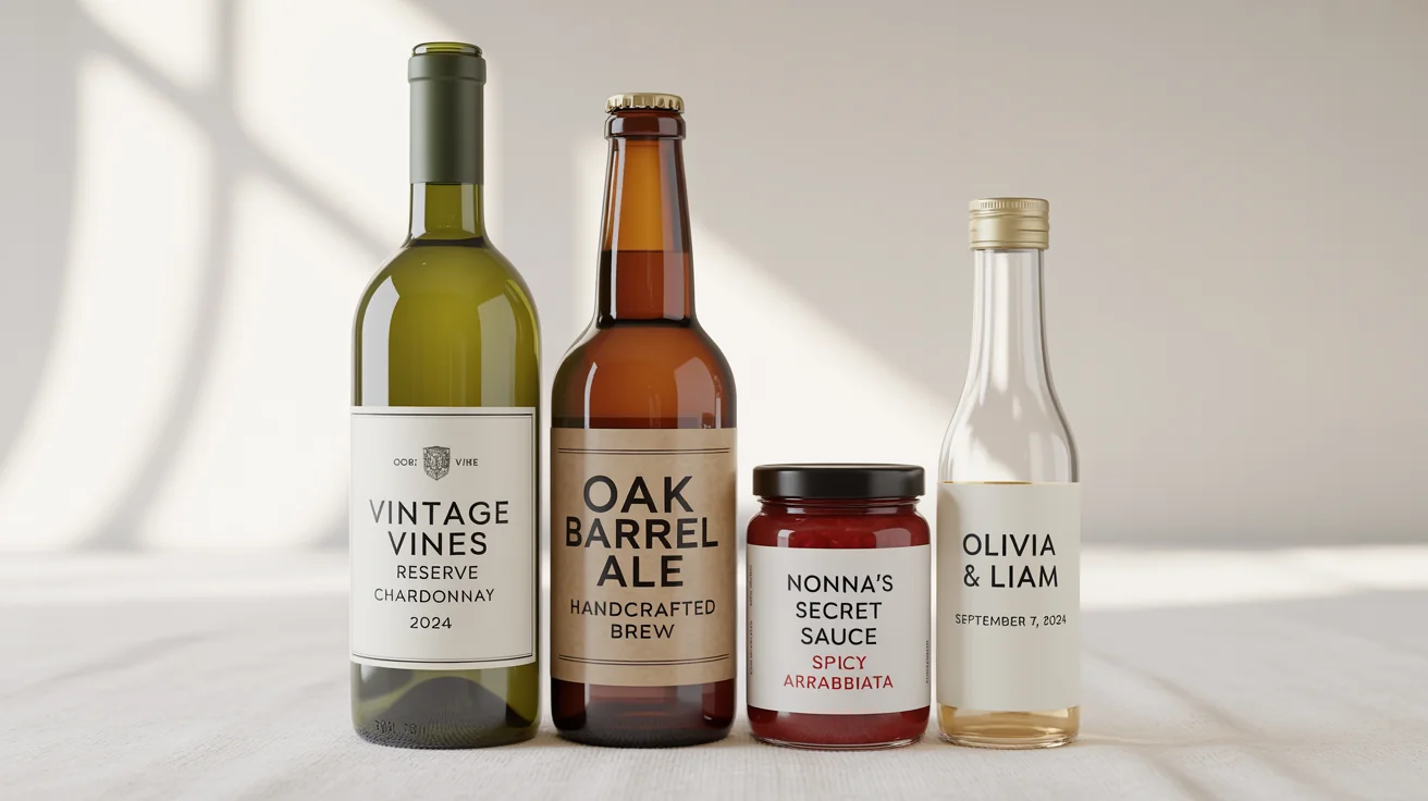 A collection of a wine bottle, beer bottle, sauce jar, and favor bottle, each featuring a unique and professionally designed custom label, displayed against a clean white background.