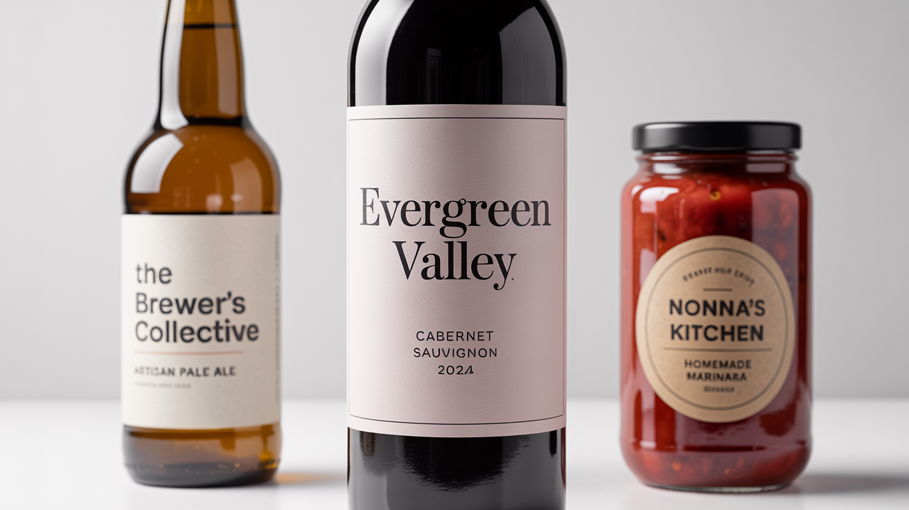 A photorealistic mockup of three products with custom labels: a bottle of red wine, a bottle of craft beer, and a jar of homemade marinara sauce, all arranged neatly against a clean white background.
