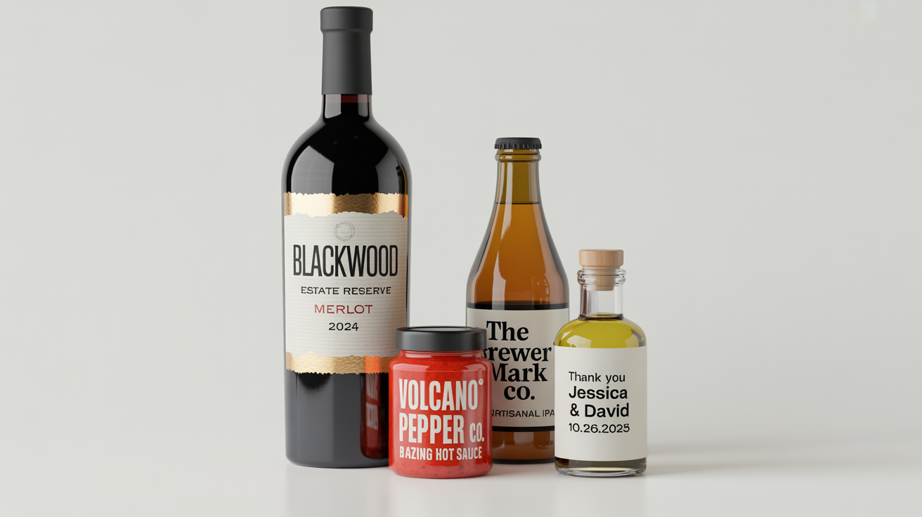 A collection of four different products, a wine bottle, a beer bottle, a sauce jar, and a small favor bottle, each featuring a unique, professionally designed custom label, displayed on a clean white background.
