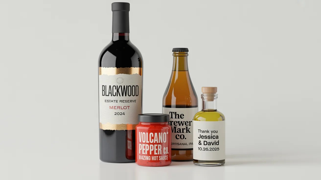 A collection of four different products, a wine bottle, a beer bottle, a sauce jar, and a small favor bottle, each featuring a unique, professionally designed custom label, displayed on a clean white background.