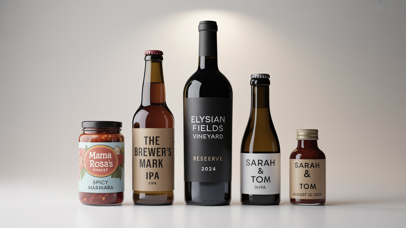 A lineup of four different bottles, wine, beer, sauce, and a small favor, each featuring a unique, custom-designed label, displayed against a clean white background in a professional product shot.