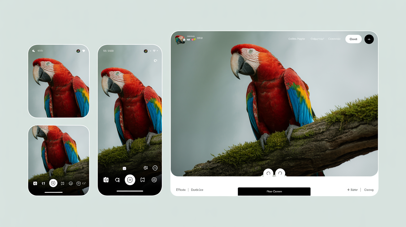 A central image of a parrot is shown being transformed into three different sizes: a square, a vertical story format, and a wide web banner, demonstrating the capability of a photo resizer tool.