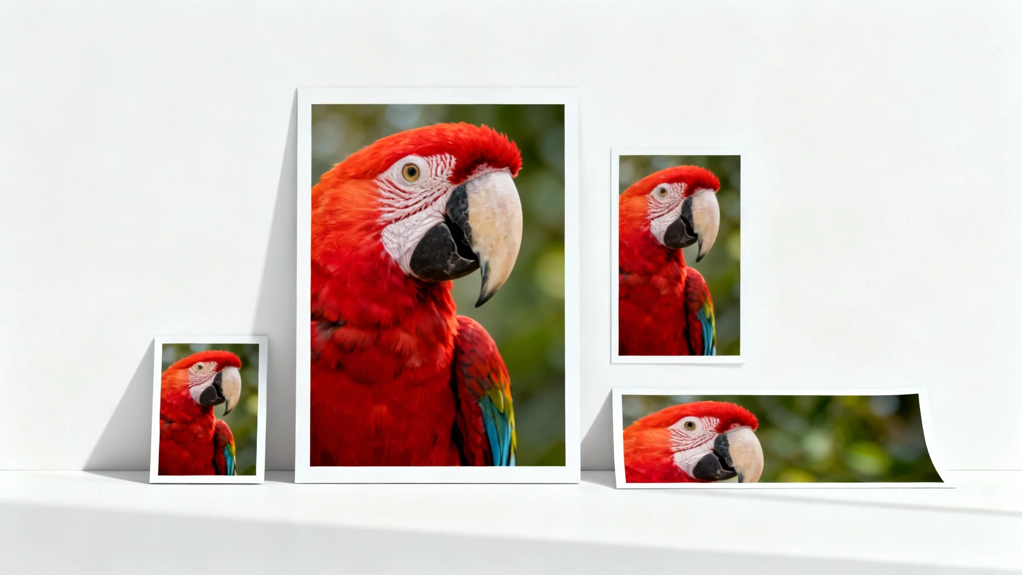 A mockup demonstrating photo resizing, showing several prints of a colorful macaw parrot arranged on a white background. A large central print is surrounded by smaller versions of the same image in square, vertical, and wide banner formats.