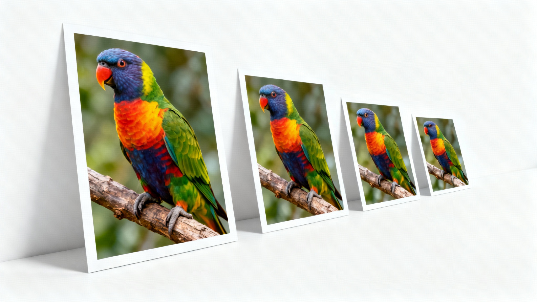 A series of four photos of a parrot, arranged from largest to smallest, visually representing the concept of a photo resizer on a clean white background.