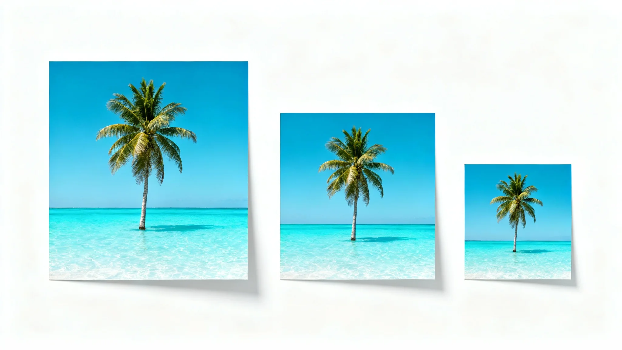 A conceptual image illustrating a photo resizer, with three identical photos of a tropical beach arranged horizontally, decreasing in size from left to right on a white background.