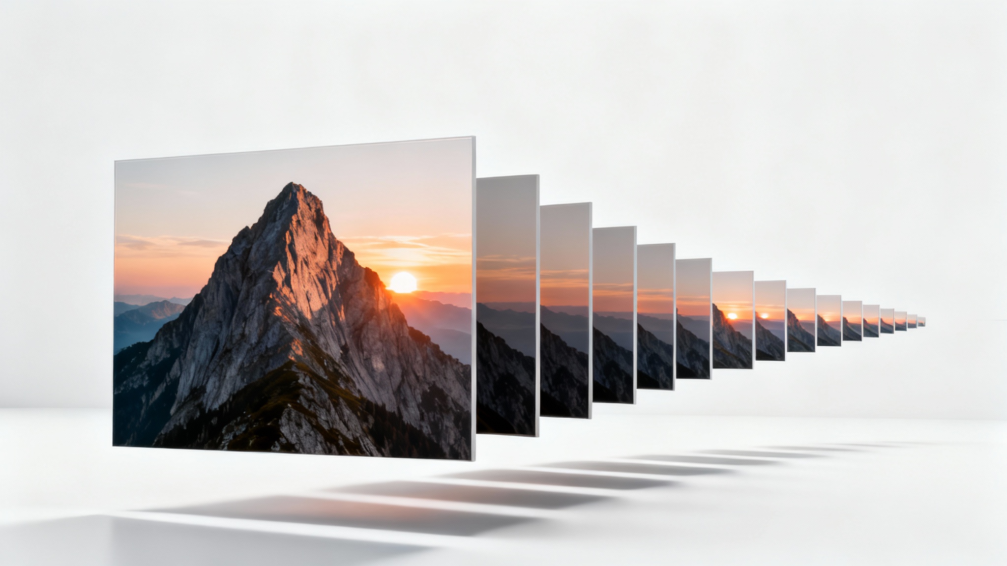 A conceptual image illustrating photo resizing, showing a single picture of a mountain at sunrise repeated in a cascading line of progressively smaller sizes against a clean white background.