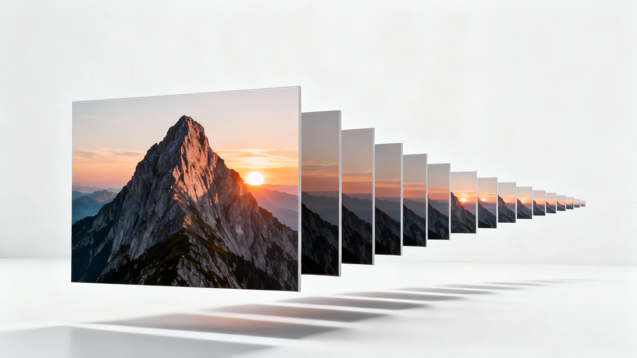 A conceptual image illustrating photo resizing, showing a single picture of a mountain at sunrise repeated in a cascading line of progressively smaller sizes against a clean white background.
