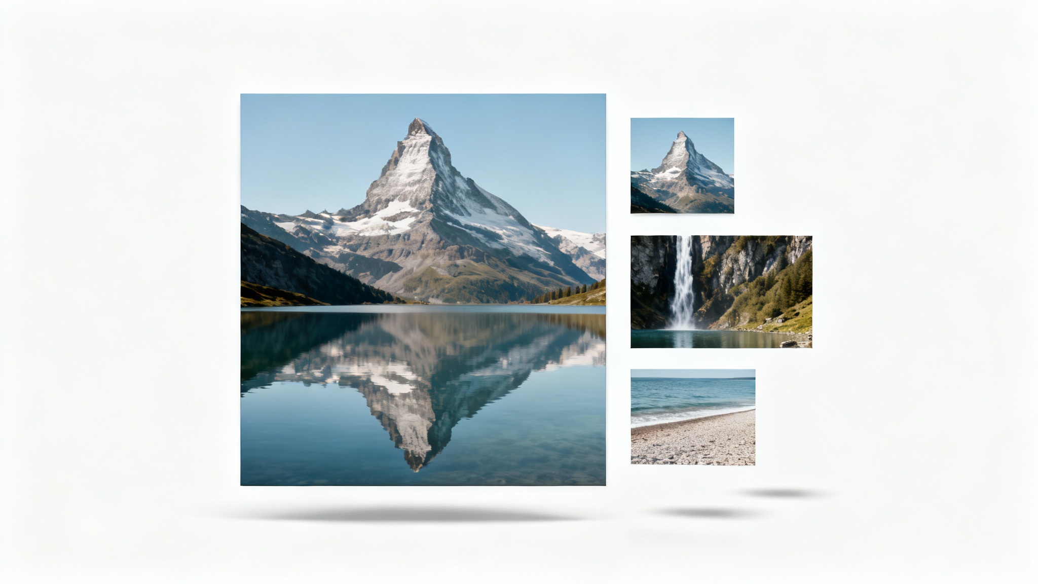 A conceptual image representing a photo resizer, showing a large, beautiful mountain landscape photo with three smaller versions cropped to square, portrait, and panoramic sizes, all on a clean white background.