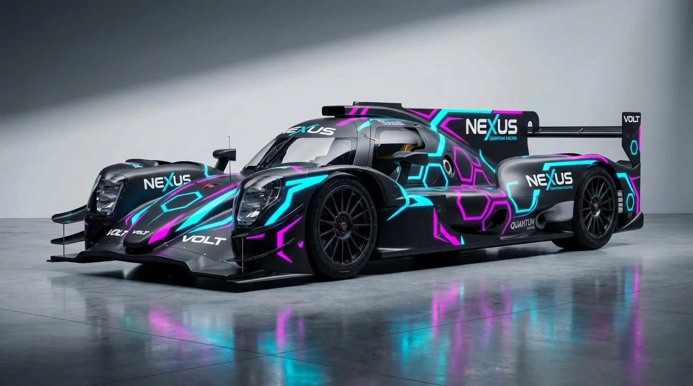 A sleek, modern race car in a photo studio, displaying a finished custom livery design. The car has a matte carbon fiber texture with a vibrant geometric pattern in cyan and magenta, along with fictional sponsor logos like 'NEXUS' and 'VOLT'.