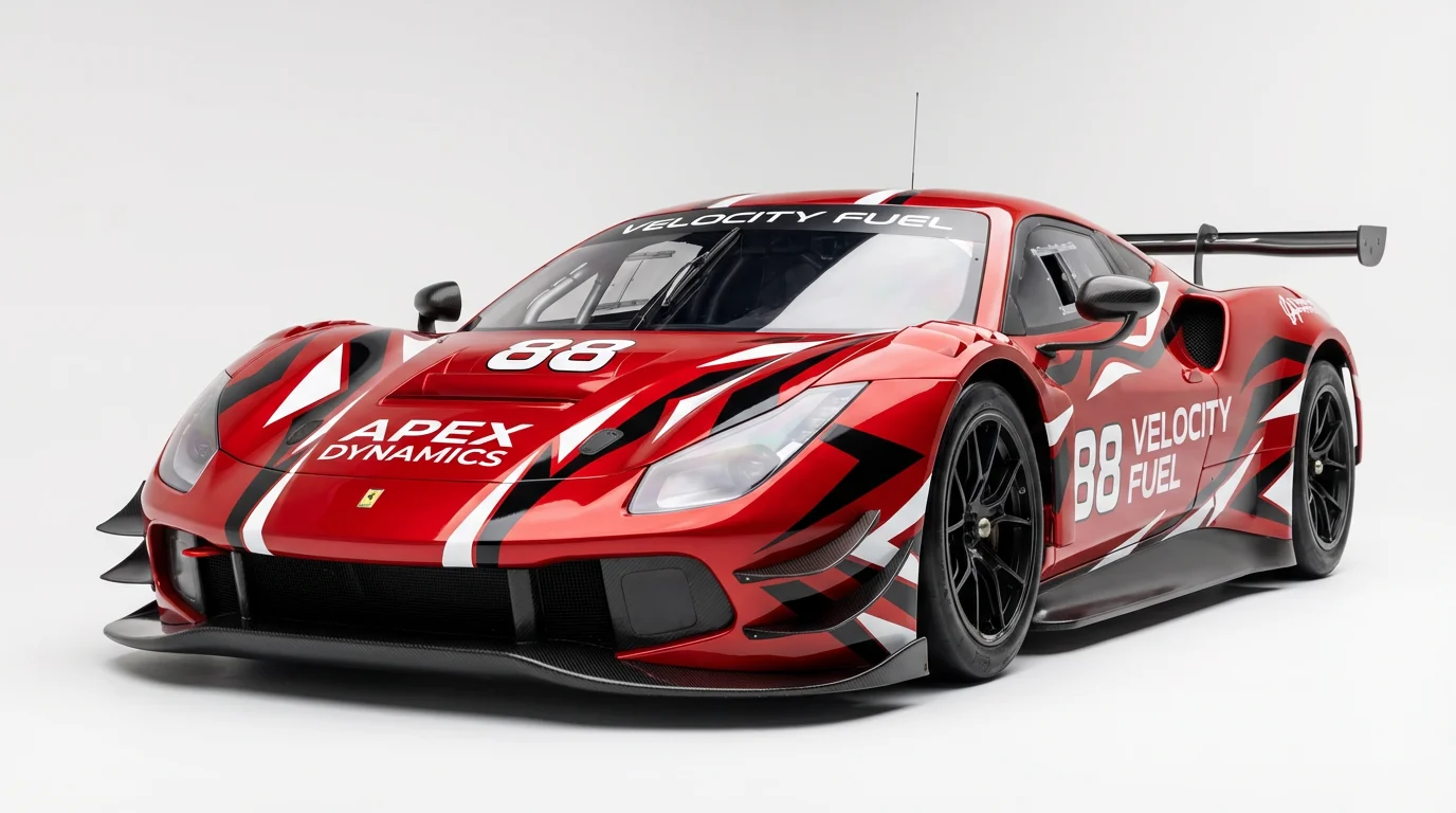 A photorealistic mockup of a modern GT race car with a custom red, black, and white livery featuring the number '88' and fictional sponsors, professionally photographed in a studio with a plain white background.