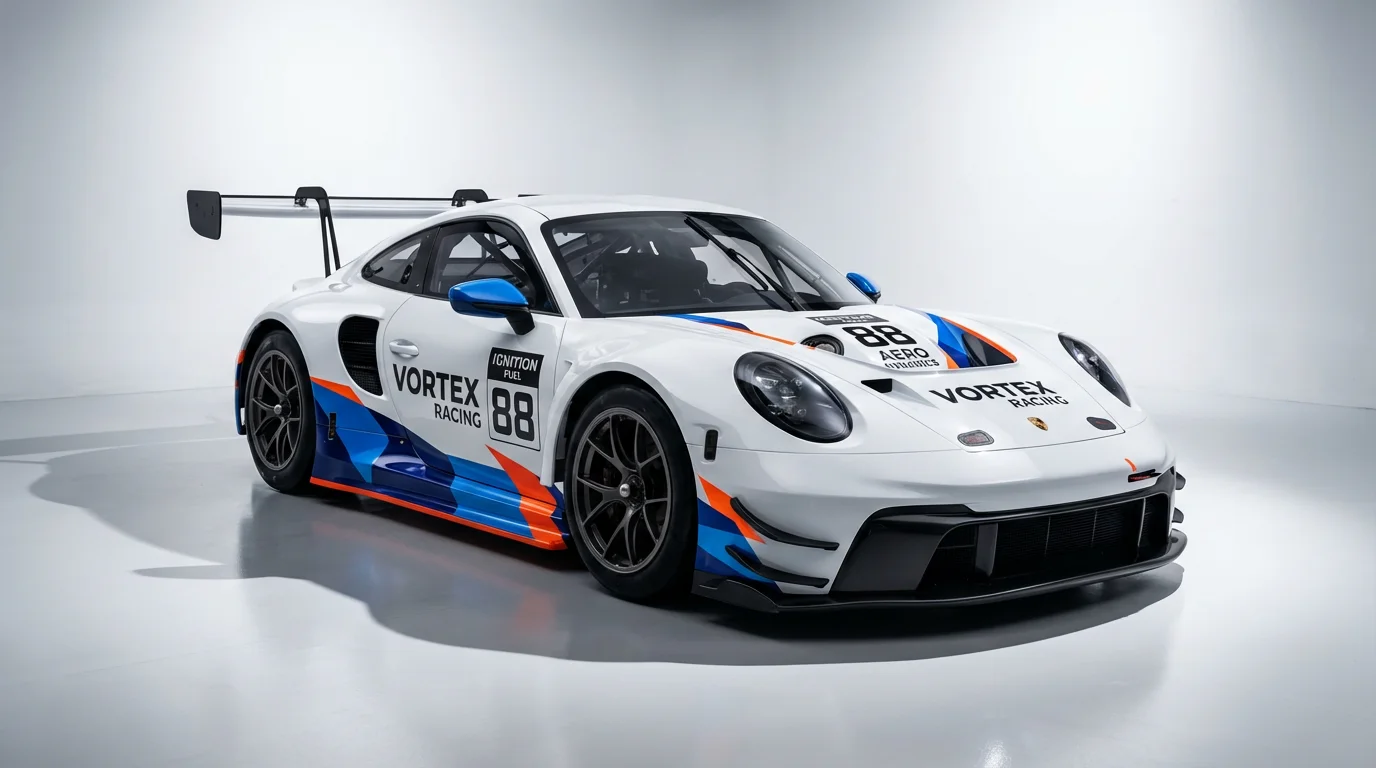 A photorealistic mockup of a modern GT race car with a custom white, blue, and orange livery design, set against a clean white studio background.