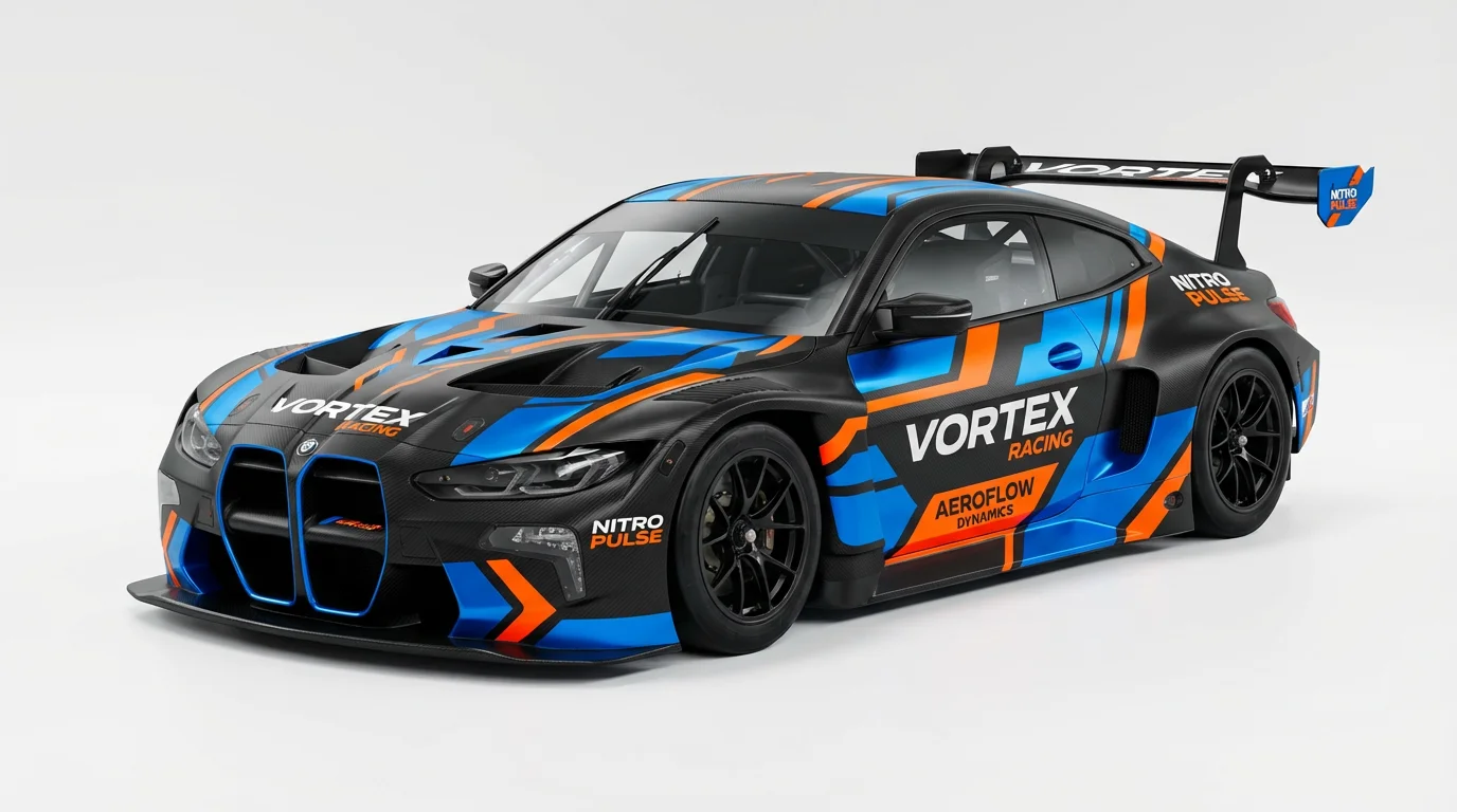 A photorealistic mockup of a modern GT race car with a custom livery, shown from a three-quarter view in a white studio setting. The car's design features blue and orange geometric patterns on a black base, with fictional sponsor logos.