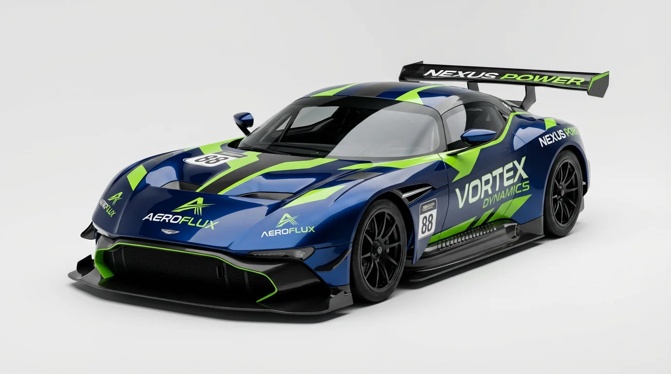 A photorealistic mockup of a modern race car with a custom livery design in midnight blue, lime green, and black, featuring the fictional sponsor name 'Vortex Dynamics'.