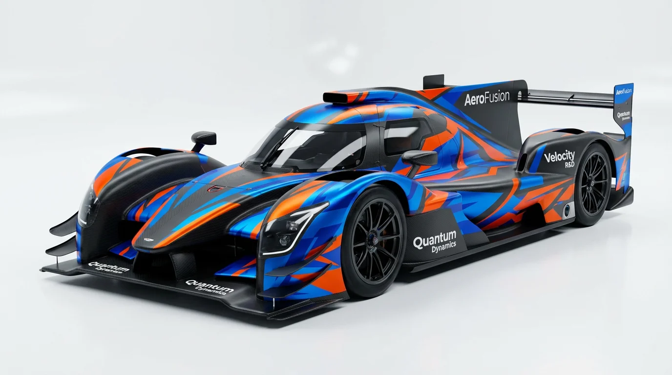 A photorealistic render of a modern race car with a custom livery in electric blue, orange, and matte black, set against a clean white background.