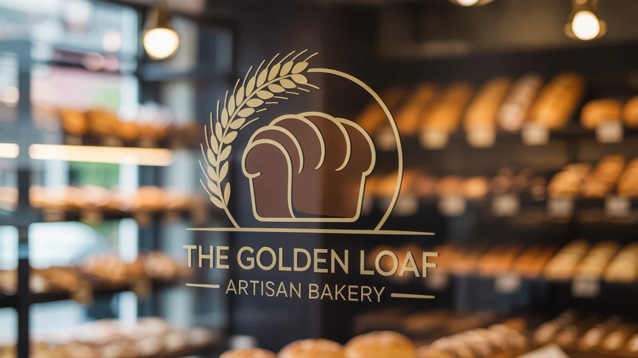 The logo for 'The Golden Loaf' artisan bakery, featuring a golden wheat stalk and bread, shown as a gold foil design on a glass shop window.