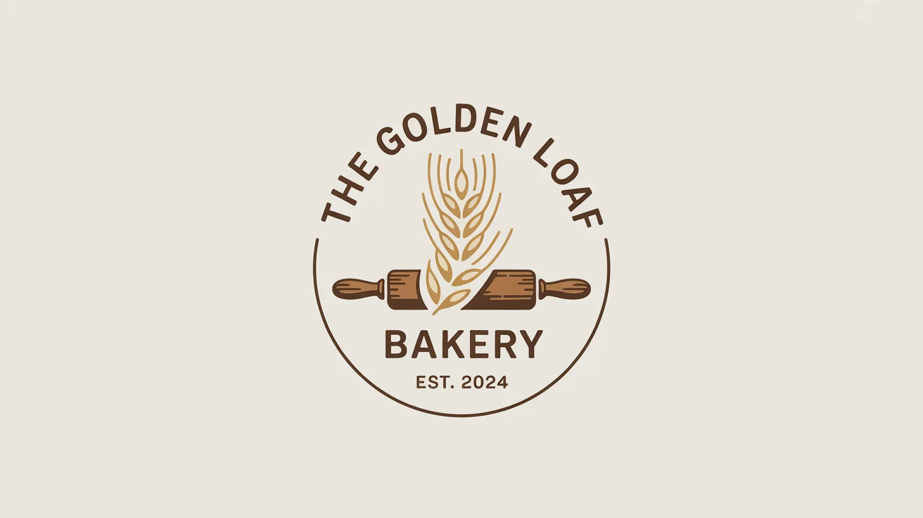 A professional logo for 'The Golden Loaf Bakery' featuring a wheat stalk and rolling pin, presented on a clean white background.