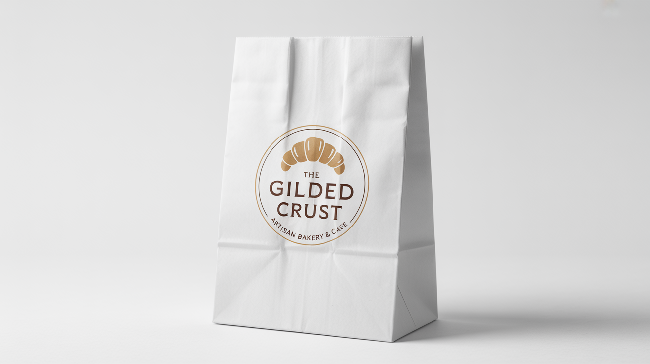 A professional mockup of a bakery logo for 'The Gilded Crust' featuring a croissant icon, printed on a white paper bag against a solid white background.