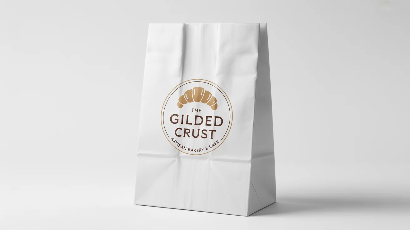 A professional mockup of a bakery logo for 'The Gilded Crust' featuring a croissant icon, printed on a white paper bag against a solid white background.