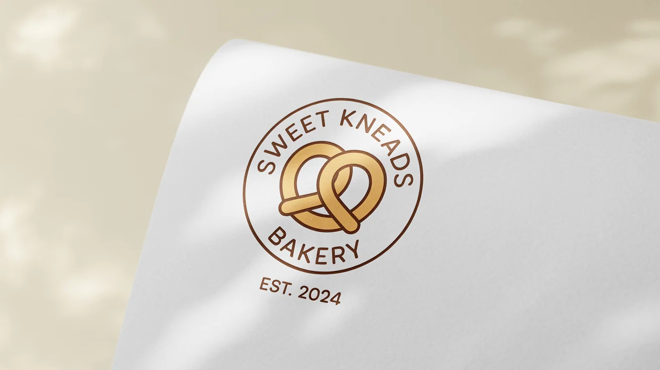A modern and charming logo for 'Sweet Kneads Bakery', featuring a stylized pretzel inside a circle, presented as a mockup on a white background.