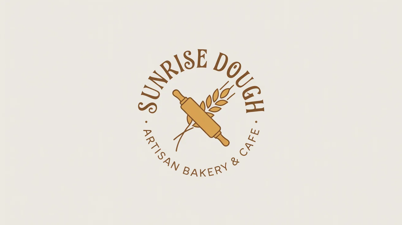 A mockup of a charming logo for a bakery named 'Sunrise Dough', featuring a rolling pin and a wheat stalk on a clean white background.