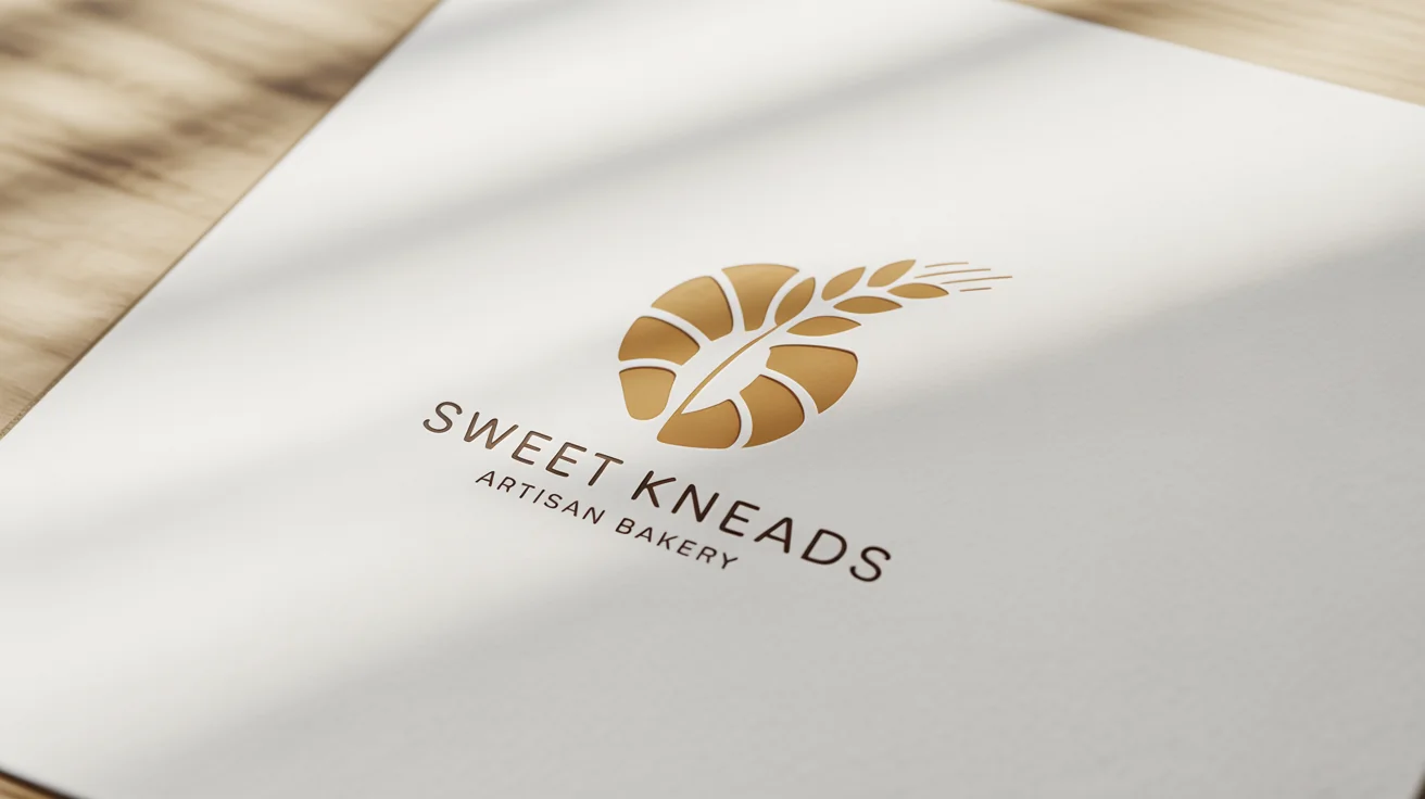 A professional mockup of a bakery logo for 'Sweet Kneads Artisan Bakery', featuring a stylized croissant and wheat stalk, presented on a clean white background.