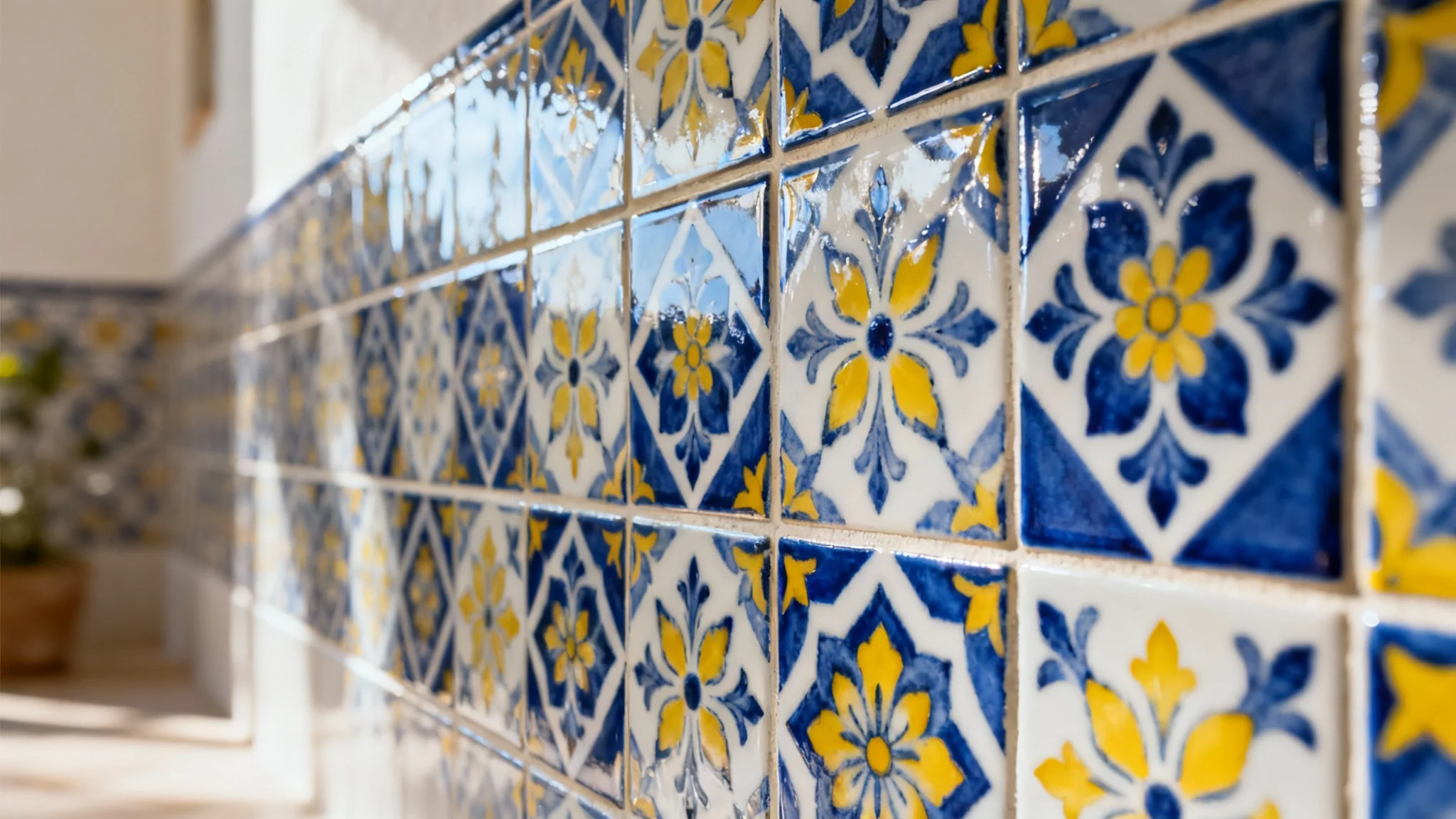 A close-up, angled view of a beautifully designed wall of tiles featuring a vibrant, intricate Mediterranean pattern in blue, yellow, and white, creating a seamless and stylish surface.