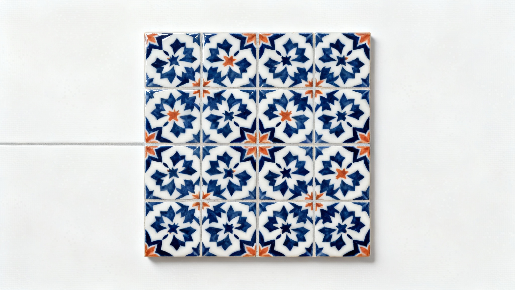 A top-down view of a sophisticated tile pattern with interlocking navy blue, white, and terracotta geometric shapes, presented as a mockup on a white background.
