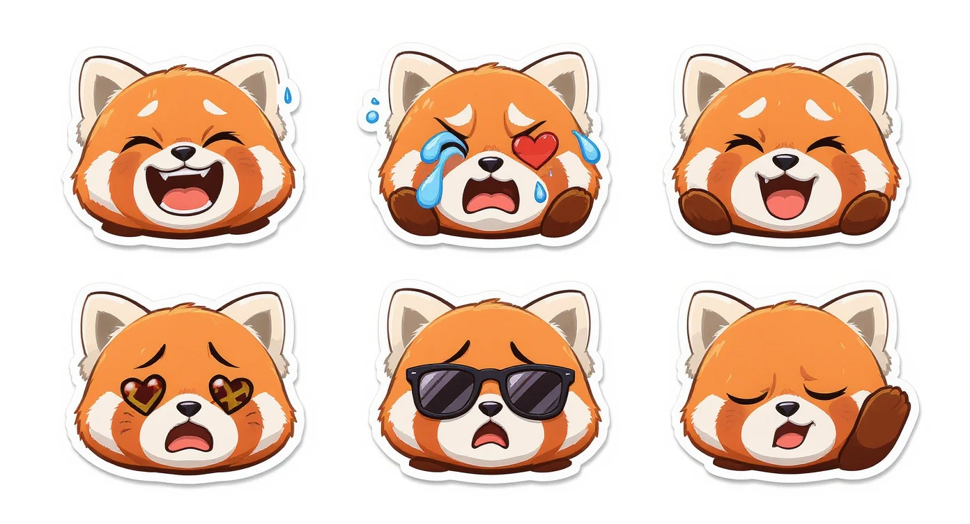 A 3x3 grid of nine custom-designed cartoon emotes of a red panda expressing various emotions like happiness, sadness, and anger, set against a plain white background.