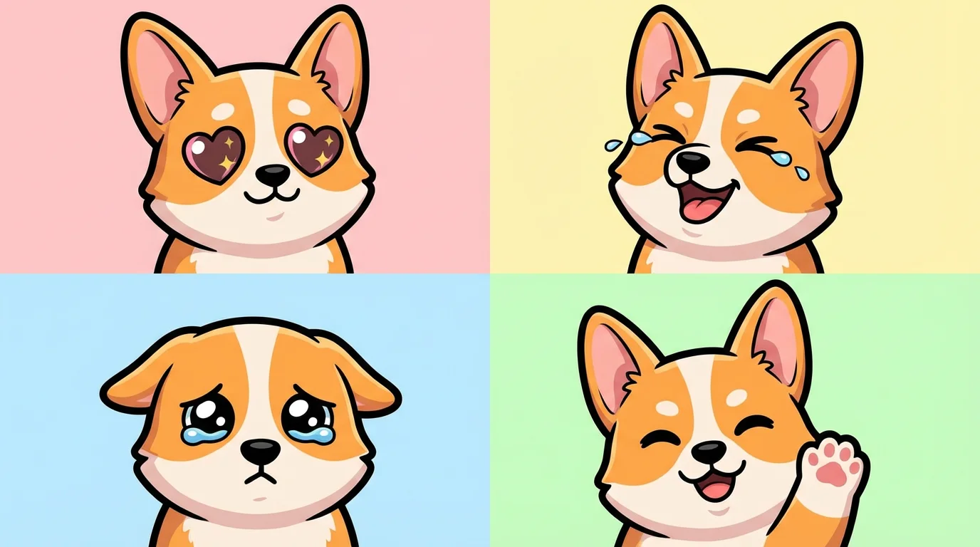 A grid of four custom cartoon emotes of a Corgi, each with a different expression: a heart emote, a laughing emote, a crying emote, and a waving emote.