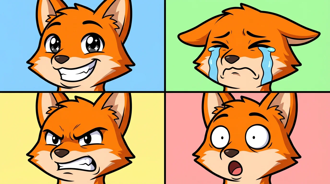 A 2x2 grid displaying four custom cartoon emotes of an orange fox. Each emote shows a different emotion: happy, crying, angry, and shocked, demonstrating the variety of expressions available.