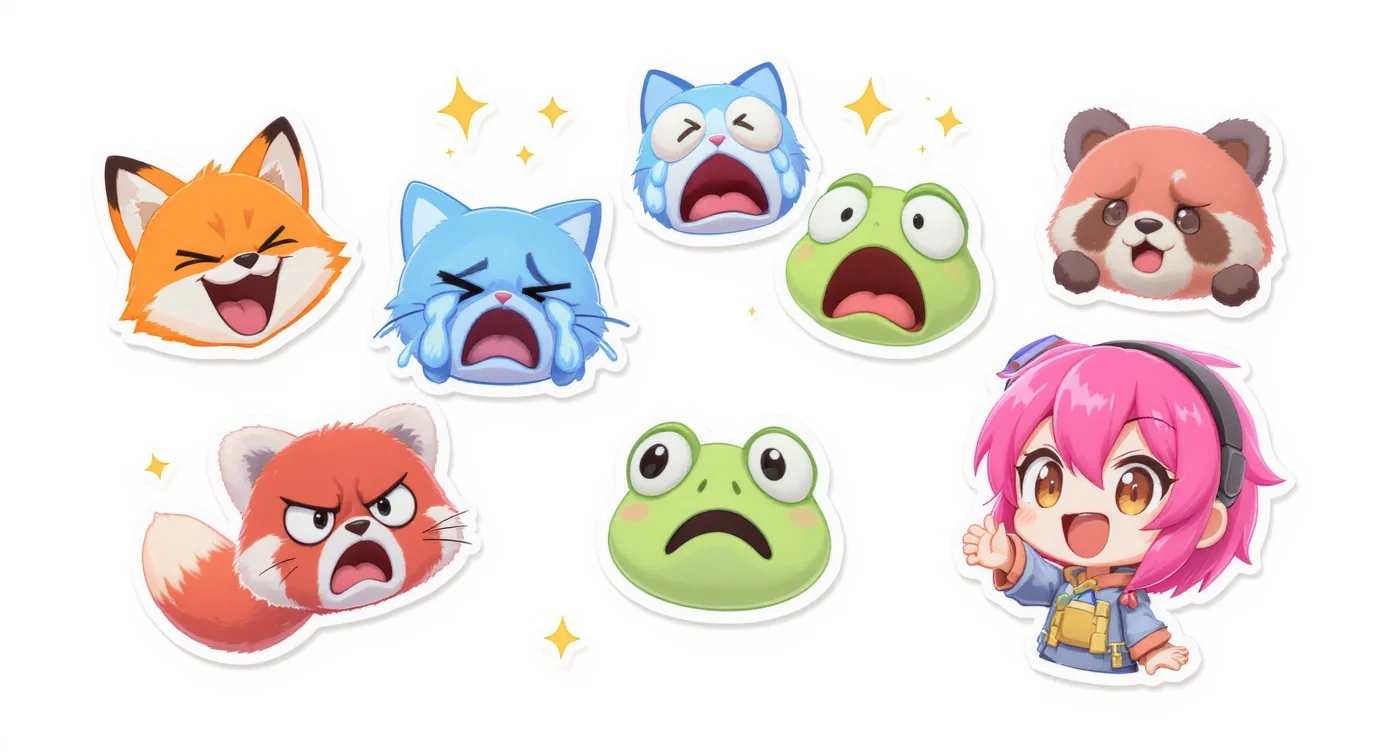 A collection of colorful, custom-designed cartoon emotes, including a laughing fox, a crying cat, and a surprised frog, displayed against a white background.