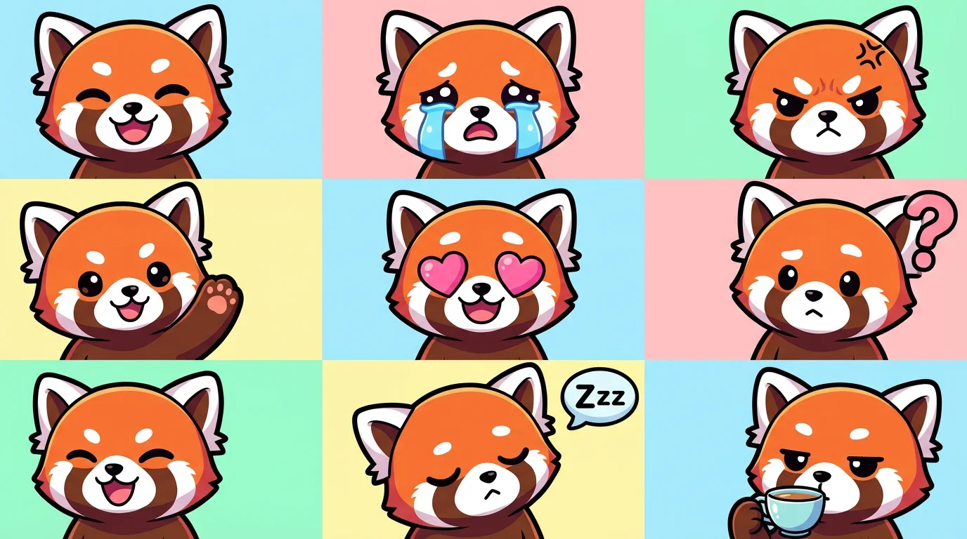 A grid of nine colorful cartoon emotes, each showing a cute red panda character with a different expression, including happiness, sadness, anger, and love.