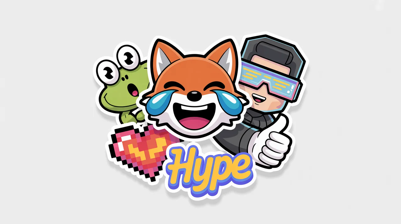 A collection of colorful, custom cartoon-style emotes, including a laughing fox and a 'HYPE' text emote, designed for streaming platforms, displayed against a clean white background.