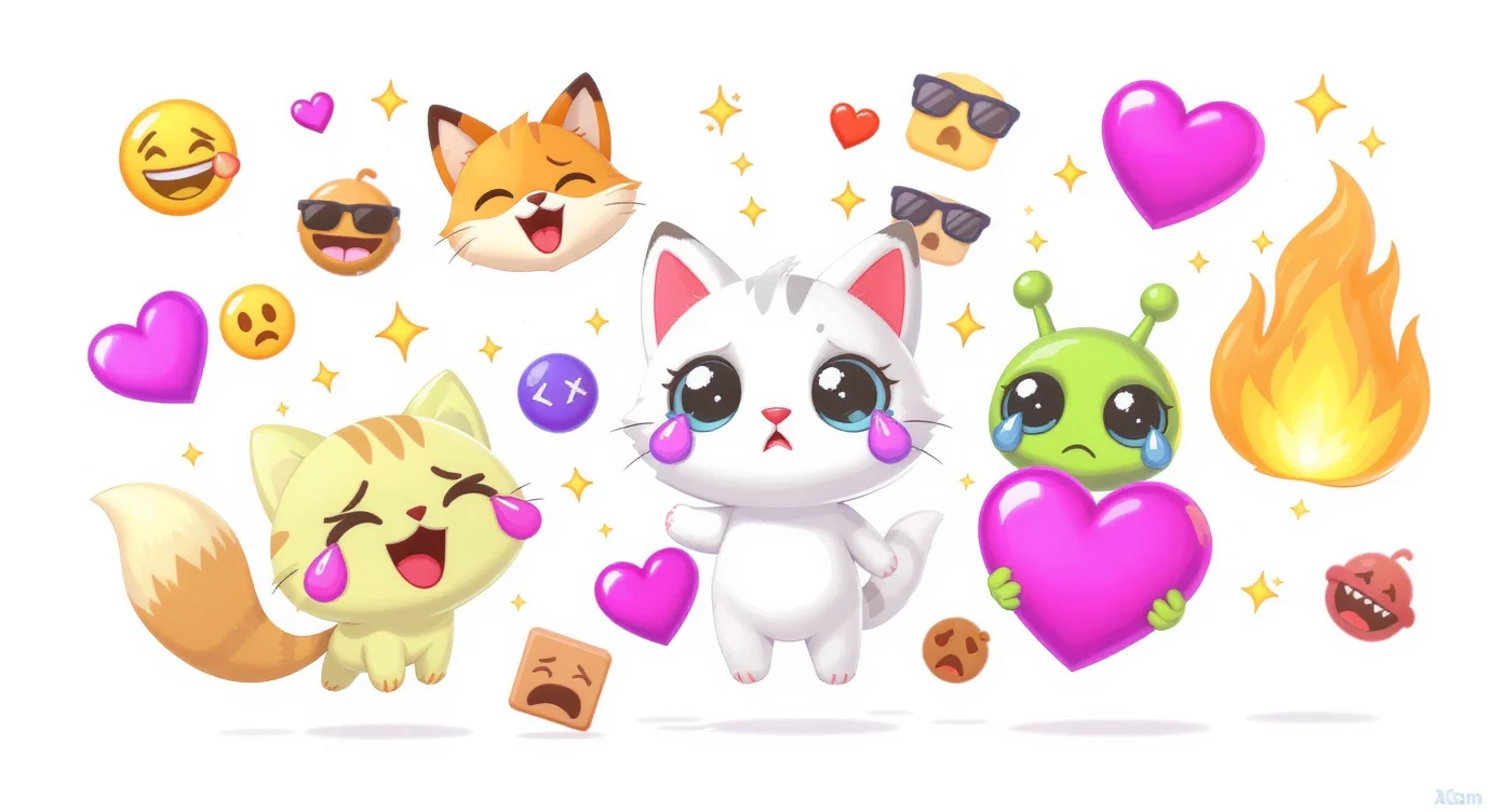 A collection of colorful, custom-designed cartoon emotes for streaming, featuring a laughing fox, a crying cat, and a surprised alien, all floating on a white background.